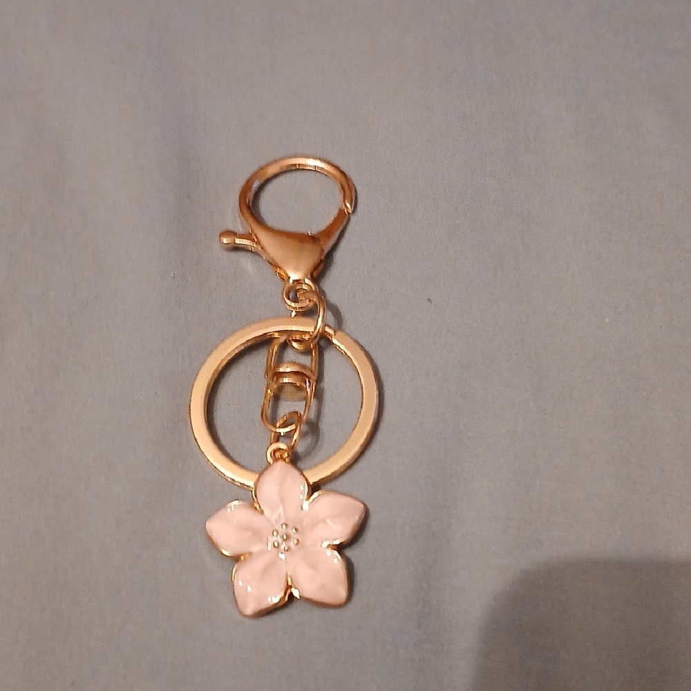 Gold-Tone Key & Card Holder Bag Charm with Pink Flower